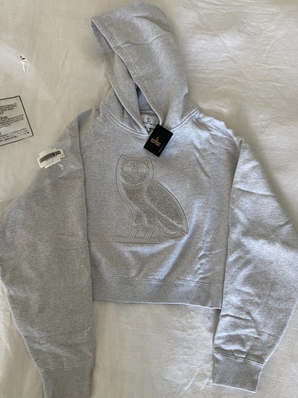 BRAND NEW OVO Pearl Grey Pull Over Women's Cropped Hoodie - S